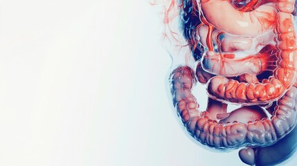 An abstract design of a human digestive system with highlighted organs and pathways, set against a clean white background, Minimalist style
