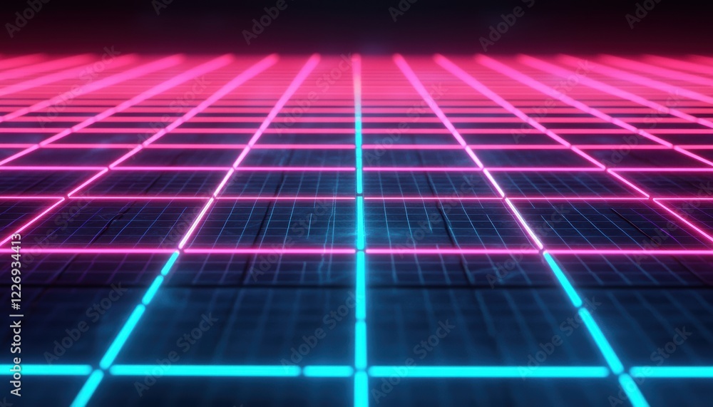 Poster a futuristic glowing network grid with interconnected nodes, floating in a dark void, symbolizing di