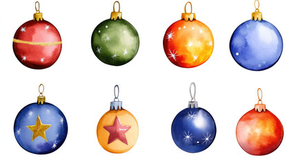 Watercolor illustration of colorful Christmas ornaments in red, blue, green, and gold, symbolizing holiday spirit and festive decor
