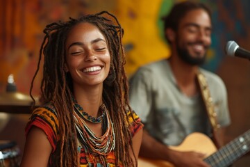 Smiling musicians performing at a colorful festival