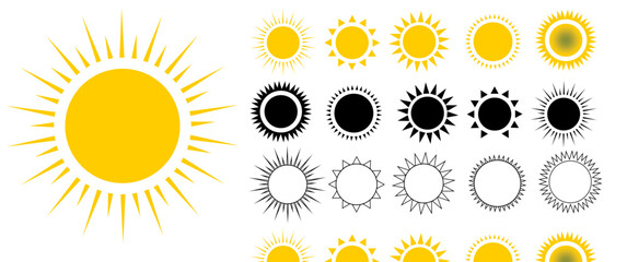 Sun icon set. Yellow sun icons. Shine sun ray set. Sunset icon collection. Yellow sun star icons vector