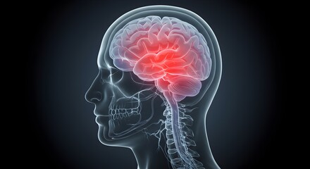 Anatomical view of the human brain with areas highlighted in red against dark background
