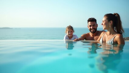 Fototapeta premium Man and woman are sitting in pool with their child