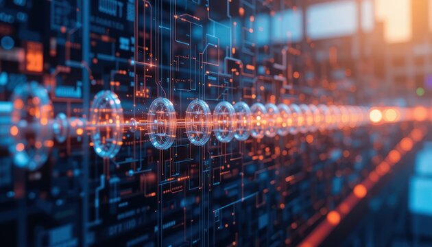 Data stream flowing through server room circuit board - Powered by Adobe