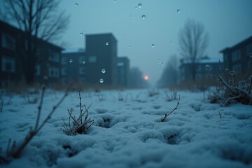 A close-up of snowflakes falling softly onto a barren ground, with remnants of buildings peeking through the ice and a dim light filtering through thick clouds. The mood is somber and eerie.