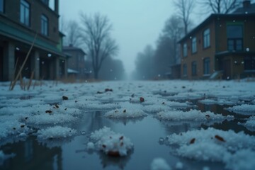 A close-up of snowflakes falling softly onto a barren ground, with remnants of buildings peeking through the ice and a dim light filtering through thick clouds. The mood is somber and eerie.