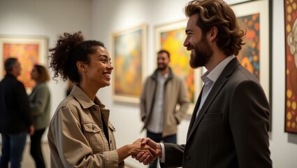 Man and woman are shaking hands in museum