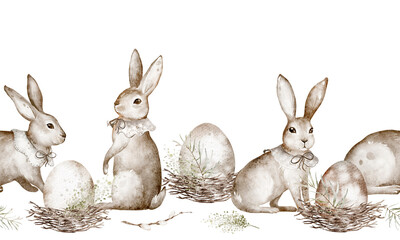 Watercolor seamless Border featuring cute bunnies and Easter rabbits. Perfect for children's decor, textiles, or wrapping paper. Design for Easter-themed products and nursery wallpaper.