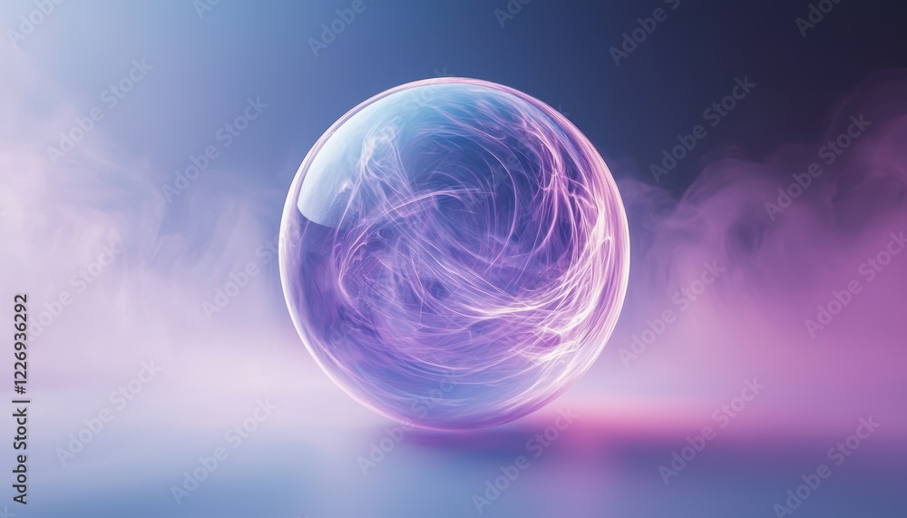 Poster a glowing translucent orb filled with swirling radiant patterns, floating in a surreal dark space su
