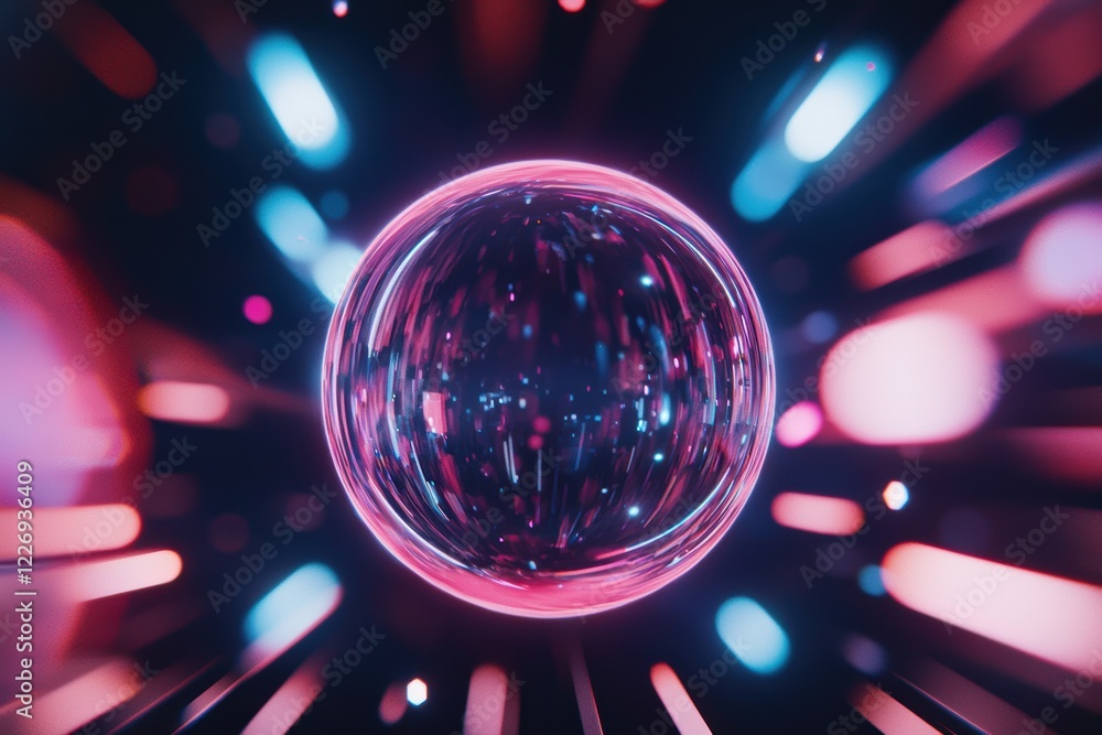 Poster a glowing translucent sphere hovering in a surreal void, radiating swirling light patterns surrounde