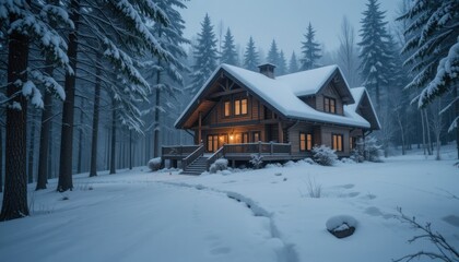 Snowy winter cabin nestled in a misty forest at twilight