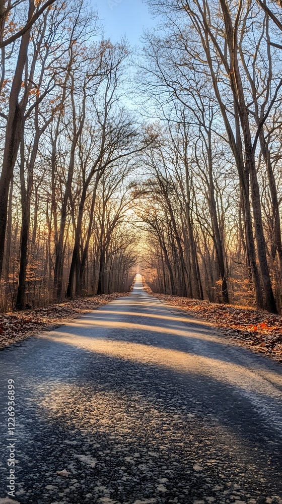 Poster a deserted road stretching into a forest with sunlight filtering through the trees