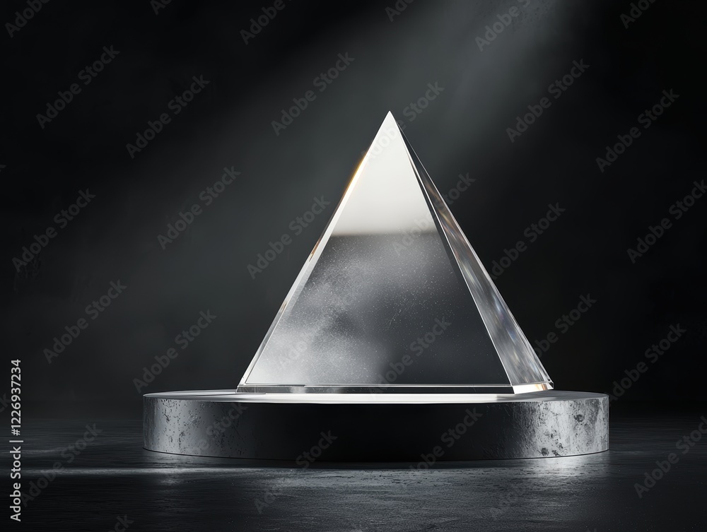 Poster A reflective glass pyramid glowing with intricate light patterns, suspended above a metallic platform in a sleek futuristic abstract void