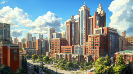 City court, library, hospital or healthcare clinic isolated urban construction. Vector municipal building, government department. University or museum, house facade exterior of red brick and glass