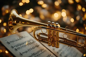 Shiny trumpet resting on musical sheet with bokeh lights