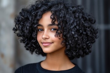 Fototapeta premium Young girl smiling and showing her beautiful curly hair