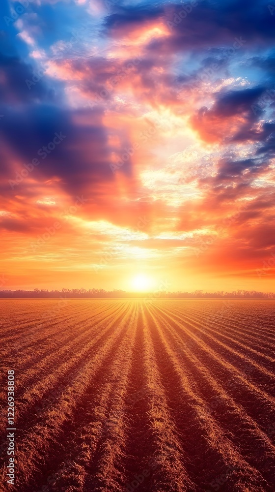 Aufkleber a vibrant sunset sky over an empty field with no structures in sight