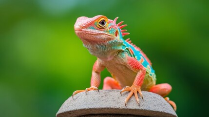 Fototapeta premium Colorful Lizard in Natural Habitat with Green Background