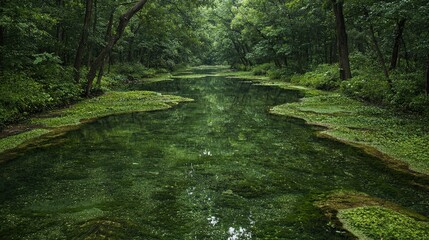 Calm forest river, lush greenery, tranquil scene, nature background, idyllic escape