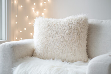 Cozy living room with warm lighting, knit pouf, neutral pillows, and festive fairy lights creating a welcoming atmosphere for relaxation or holiday gatherings