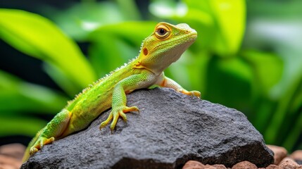 Fototapeta premium Green Lizard Resting on Rock Surrounded by Green Foliage