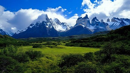 Fototapeta premium Lush green landscape with majestic mountains, vibrant grass under blue sky with fluffy clouds, serene and inviting atmosphere.