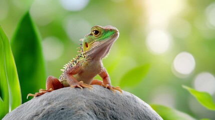 Colorful Lizard Sitting on Rock with Green Nature Background