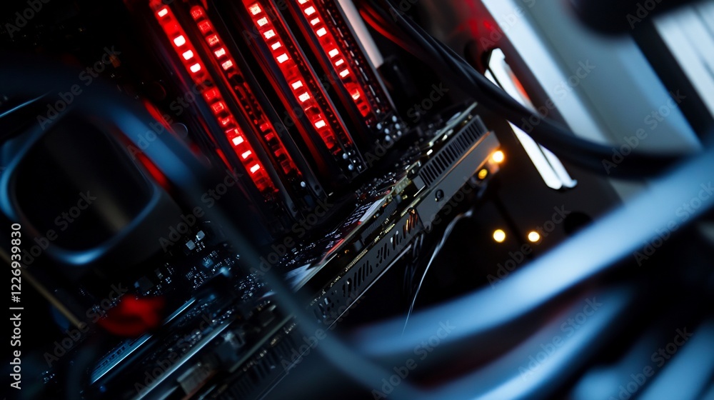 Poster inside a high performance computer with red lights and various components