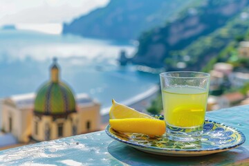 Un bicchiere di limoncello servito su un vassoio di ceramica dipinto a mano, con accanto delle scorze di limone. Sullo sfondo, una vista della Costiera Amalfitana, con le case color pastello e il mare