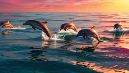 A serene ocean with dolphins leaping through the waves 