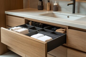 Organized bathroom drawer with neatly arranged towels and toiletries