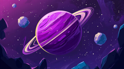 Purple space planet with two rings on vector background of cartoon alien world universe dark sky. Fantasy game ui or gui element, bright sphere of galaxy planet with asteroid belts and bright swirls