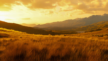 A wide-angle view of meadows and rolling hills, with distant mountains in the background.