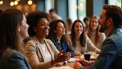 People are sitting at table talking and having conversation