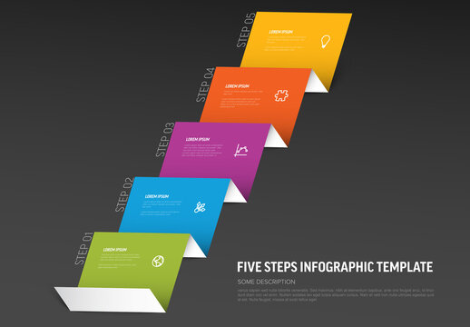 Infographic template layout with five sequential steps with icons and text on dark background