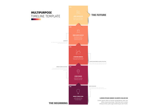 Timeline template made from five red vertical content boxes with arrows