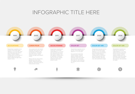 Timeline Infographic with Colored Milestones on big light buttons with icons