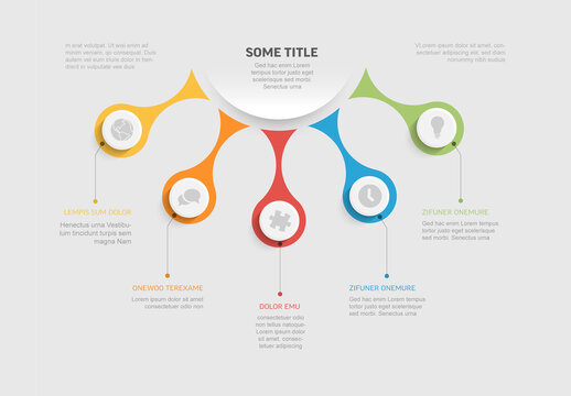 Colorful Infographic with Icons and five Text Blocks with icons