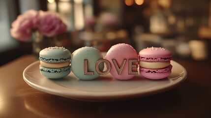 Delicious macarons arranged to spell love in a cozy cafe setting