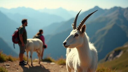 Obraz premium Goats are walking up mountain side with people in background