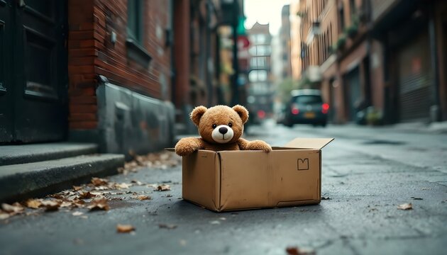 Caja de cart&oacute;n en medio de la calle con oso de peluche dentro. Env&iacute;o perdido, abandonado