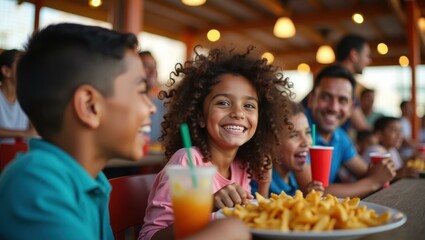 Children are enjoying meal at restaurant with their parents