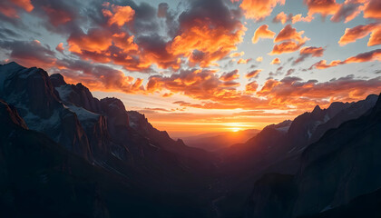 Mountain silhouette at sunset with glowing orange clouds above the peaks