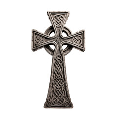 An ornate Celtic cross with intricate carvings, stone texture