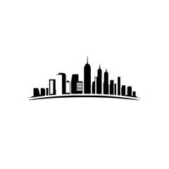 Fototapeta premium Urban Skyline: A Modern Cityscape Silhouette. A minimalist black and white illustration of a city's architecture, perfect for urban design projects or representing metropolitan life.