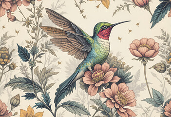 Obraz premium A hummingbird hovering over flowers is a bright and detailed composition reflecting the beauty of nature.