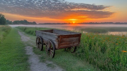 Fototapeta premium Rustic wagon sunrise, misty field, calm lake
