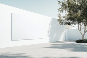 Clean horizontal billboard mockup on minimalist white building with soft diffused light
