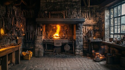 A medieval blacksmith's workshop with glowing embers, tools, and weapons on display. picture