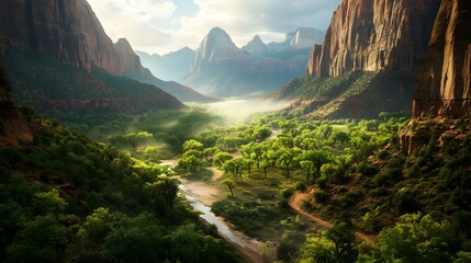 Lush green valley with winding river, majestic mountains in background, perfect for nature themes and tranquil visuals.